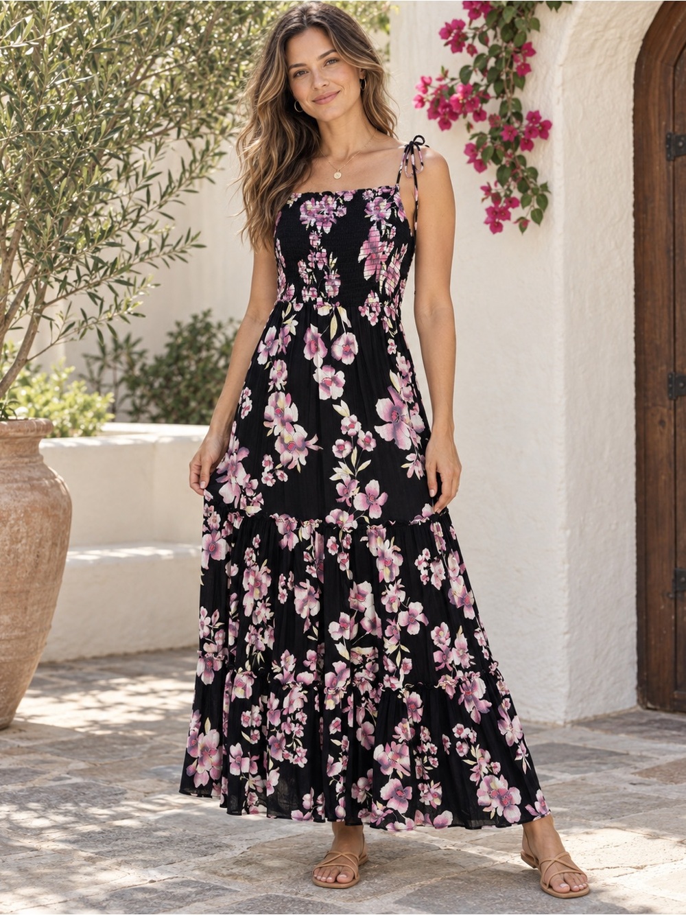 Intimately Free People Garden Party Maxi Dress S Black Pink Floral Boho